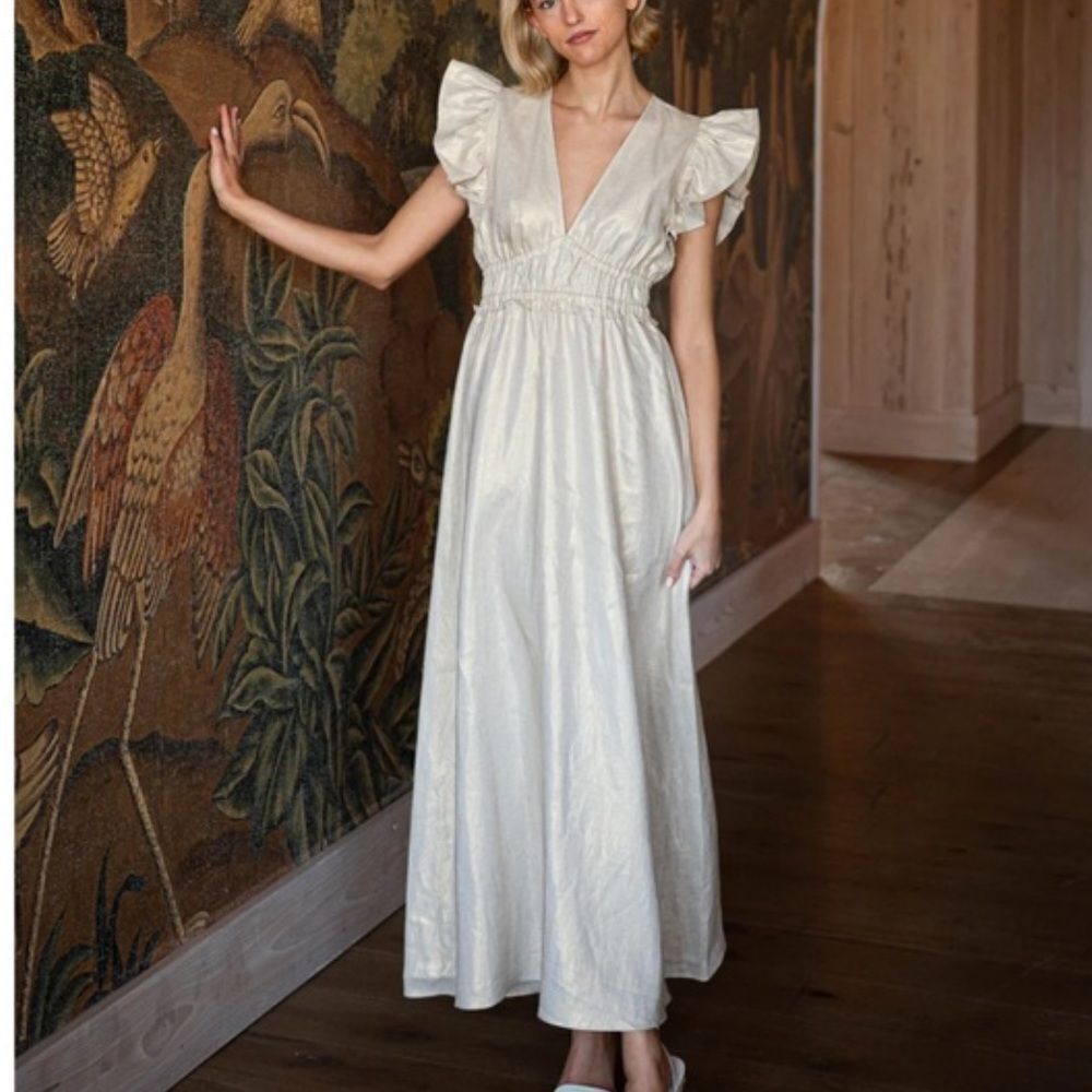 Sail to Sable GOLD V-NECK FLUTTER SLEEVE MAXI DRESS size xsmall